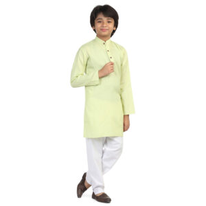 kid wearing kurta set, green full sleeves top with white trouser and black shoes